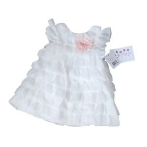 Pippa & Julie Tiered Ruffle Dress White Size 12 Months Pink Flower Appliqué.